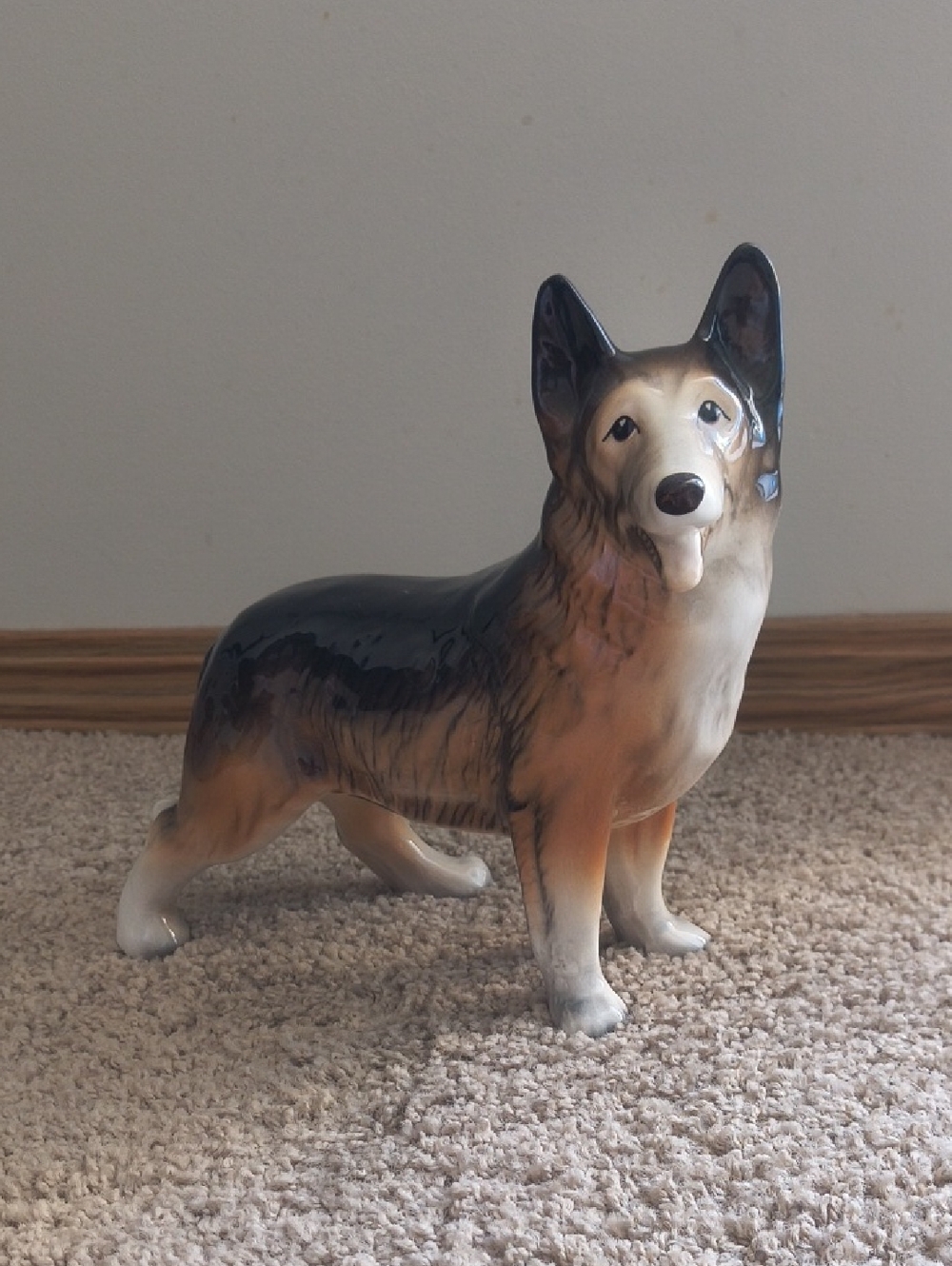 Glazed Ceramic Shepherd Dog Figurine in Brown, Black & White